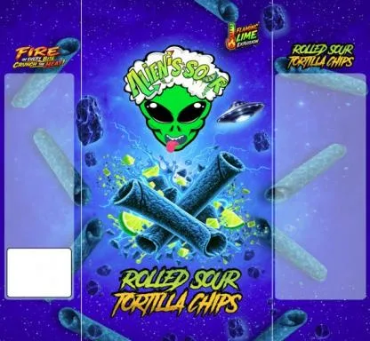 ALIEN’S SOUR ROLLED SOUR TORTILLA CHIPS FIRE IN EVERY BITE CRUNCH THE HEAT FLAMING LIME EXPLOSION — UAE trademark in Class 30
