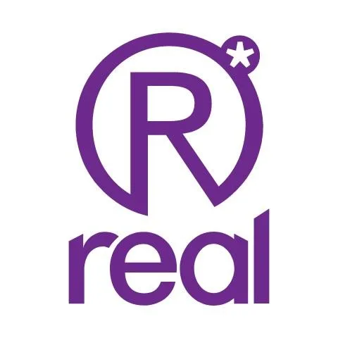 real وحرفR داخل دائرة غير مكتملة ورمز النجمة باللون . الأرجواني